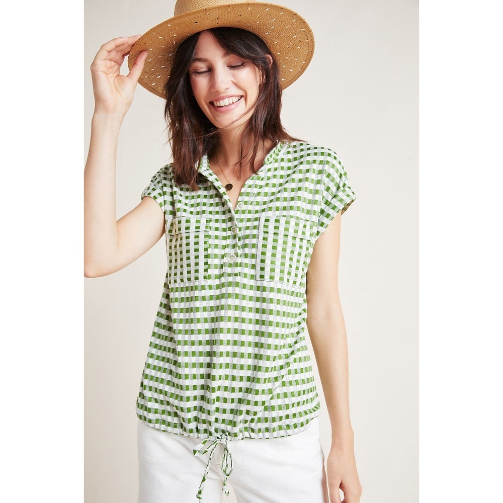 Eva Franco Anthropologie Drawstring Gingham Green  Cap Sleeves Top with Pockets